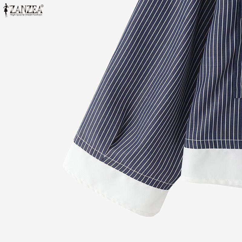 ZANZEA Women Casual Turn Down Collar Loose Long Sleeve Stripe Blouse