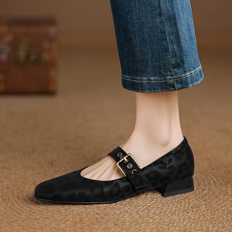 Krazing Pot Cow Skin Spring Summer Size 43 Size 42 Size 41 Thick Low Heels Women Round Toe Leisure Leopard Pumps