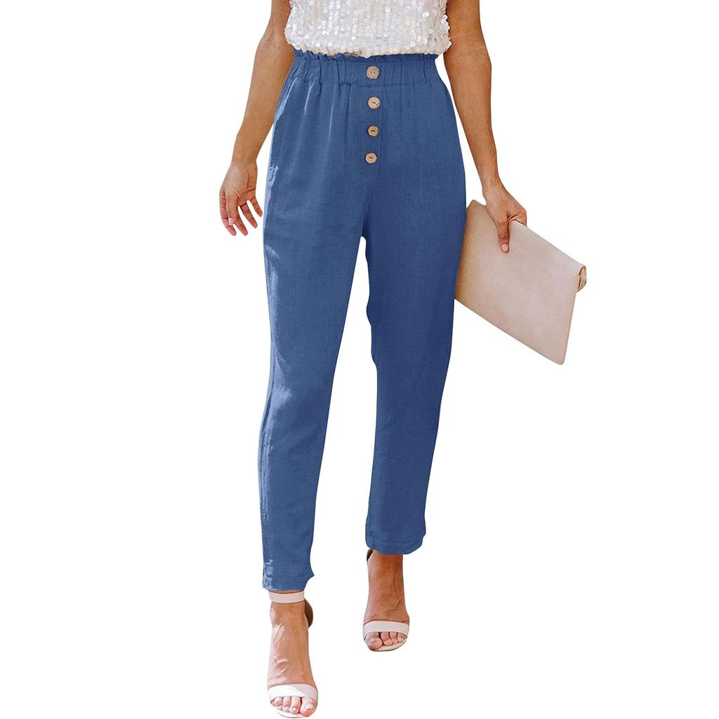 Women's Casual Loose Pants Comfortable Seven Points Work Pants With Pockets Elastic High Waist Paper Bag Pants