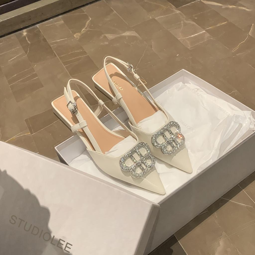 Sheepskin version~ Grape mother pointed head exquisite rhinestone buckle thin French back empty single shoes women's summer bag head sandals