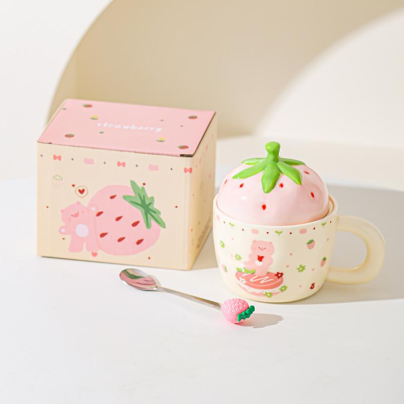 Erdbeerbär Keramiktasse mit Deckel für Mädchen Geschenk Tasse für Haushalt Becher Hochwertig Aussehende Paar Milch Frühstückstasse