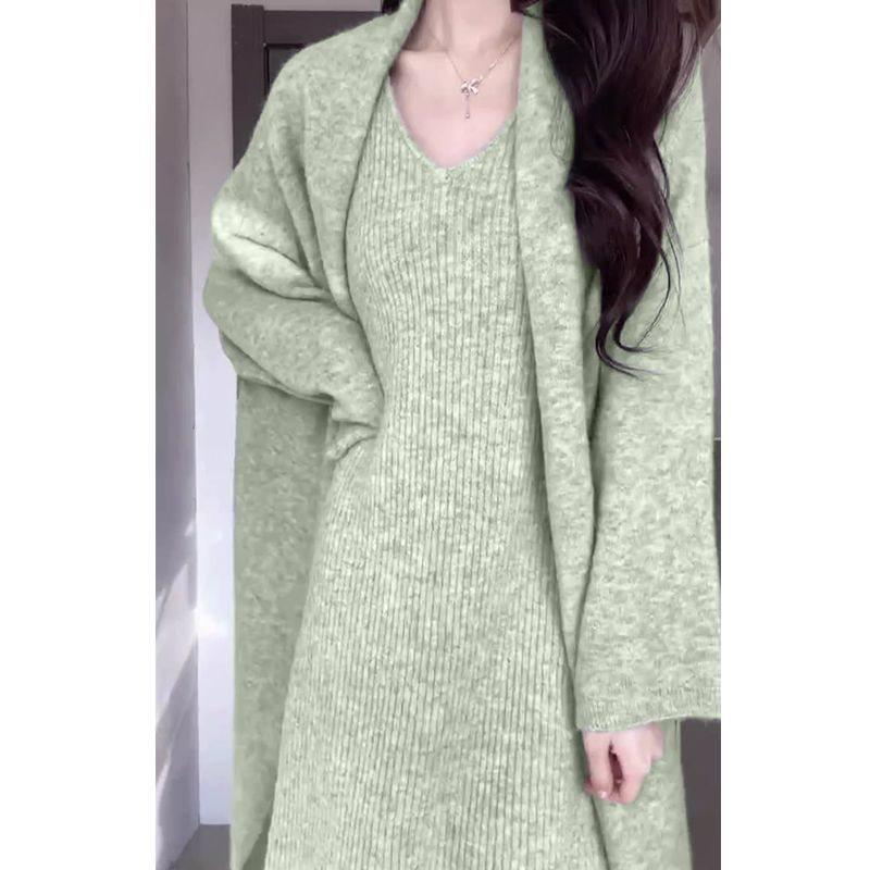 Pine Frost Knit Figure-Hugging Maxi Dress & Sweater Set - Temperamental Goddess Vibe