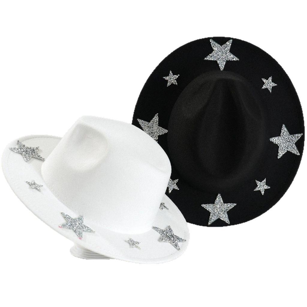 Independence Day Western Hat for Women Men Shiny Rhinestone Star Memorial Day Cowgirl Caps for Party Club Wide Brim Jazz Hats
