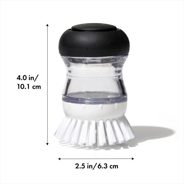 OXO Palm Brush Kitchen Brush with Detergent Dispenser Cleans and Other Kitchen Supplies One-Push - - Pots, Pans, Dishes,