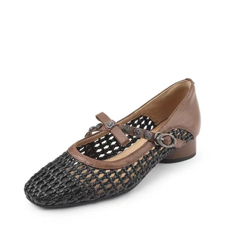 Flat sandals hollow woven single shoes women's summer new square head breathable word with women's cool single shoes
