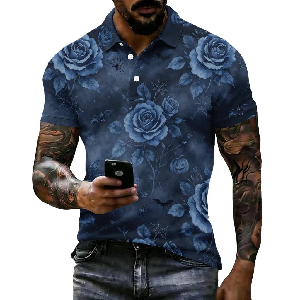 Men's Halloween Printed Short Sleeve Polo Shirt Loose Casual Summer Daily Wear Button Down Collar Top