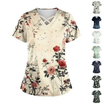 Women's Short Sleeve Stagger V Neck  Print Pocket Dry-nurse Top