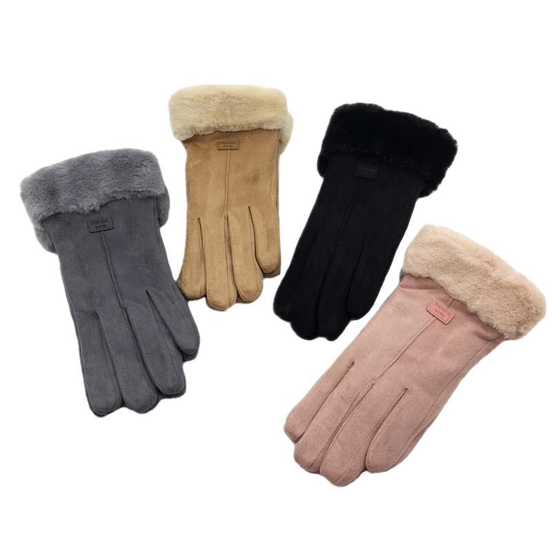Suede Women's Gloves Single Line Hairy Winter Warm Outdoor Fleece Student Split Finger Touch Screen Gloves