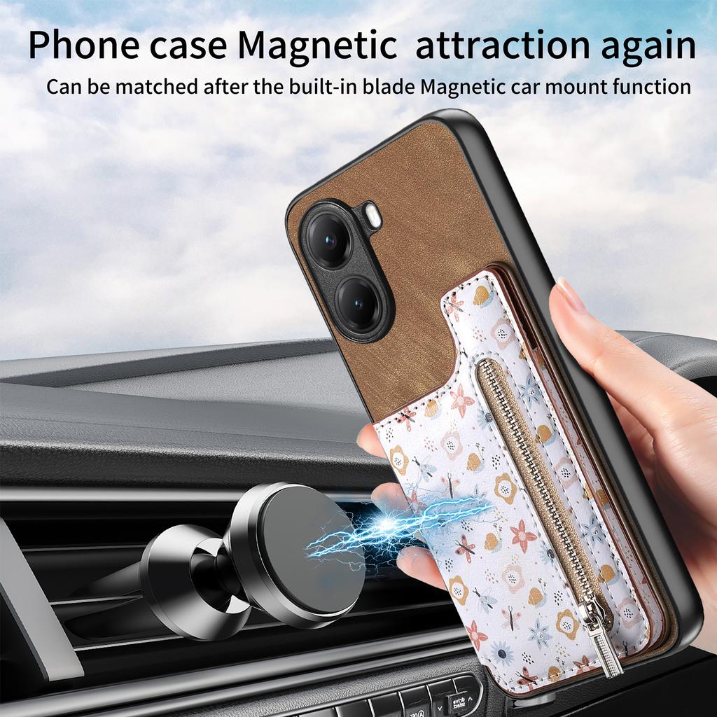 Skórzane etui na telefon Xiaomi Poco X7 Pro 5G/Xiaomi Redmi Turbo 4 5G z blokadą RFID, zapinaną na zamek kieszenią na karty i podstawką
