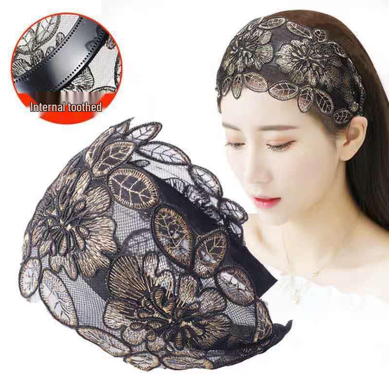 Korean Ethnic Style Embroidered Headband: Wide Lace Hairband for Concealing White Hair, Slimming Face Effect, Fashionable Hair Clip Accessory