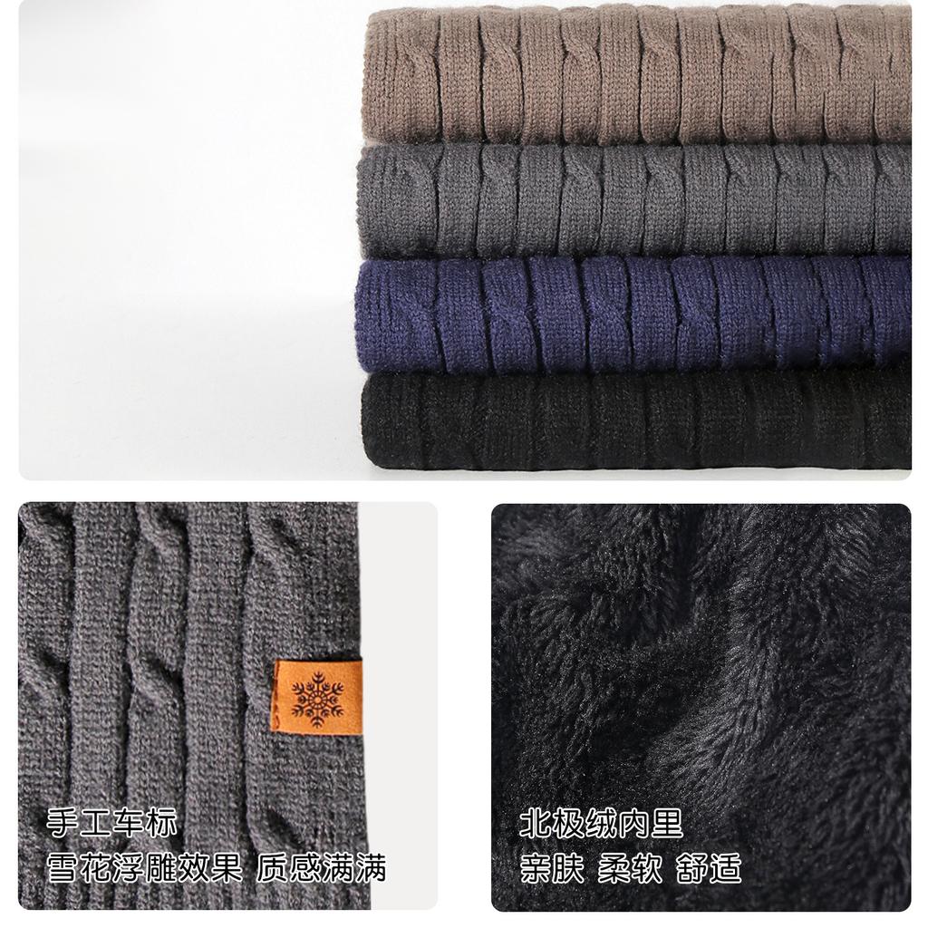 Knitted Hat, Men's Winter Velvet Thickened Cold-proof Outdoor Cycling Wool Knitted Hat Scarf Gloves Three-piece Set