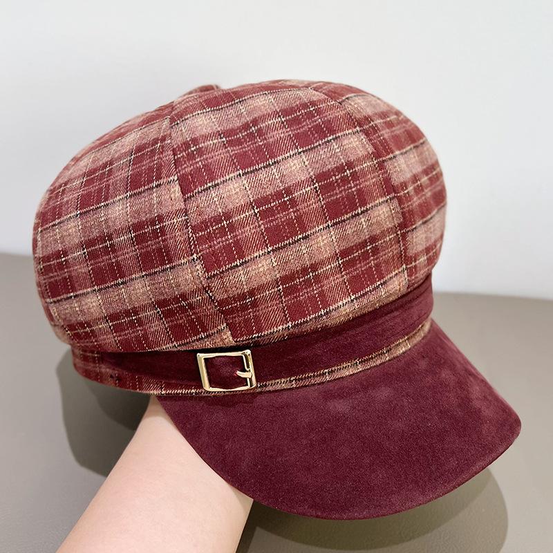 Vintage Rotes Karomuster Barett Mütze für Damen Herbst Winter Newsboy Kappe Mit Achteckigem Design Mode Retro Stil Lässig Neu