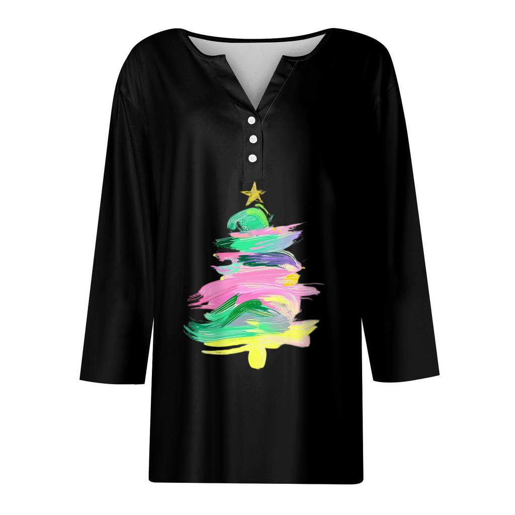 Γυναικείο μπλουζάκι μπλουζάκι με τύπωμα κουμπιού μανίκι 3/4 Καθημερινή μόδα για Σαββατοκύριακο Basic V-λαιμόκοψη κανονικό μπλουζάκι