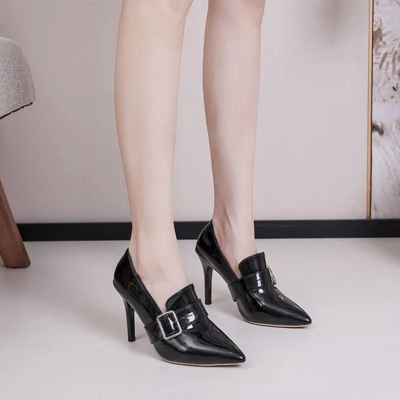 

Autumn New Slip-on Slim Heel Single Shoes Pointed Toe Mid-mouth Belt Buckle Anti-slip Wear-resistant High Heels 35 чёрный