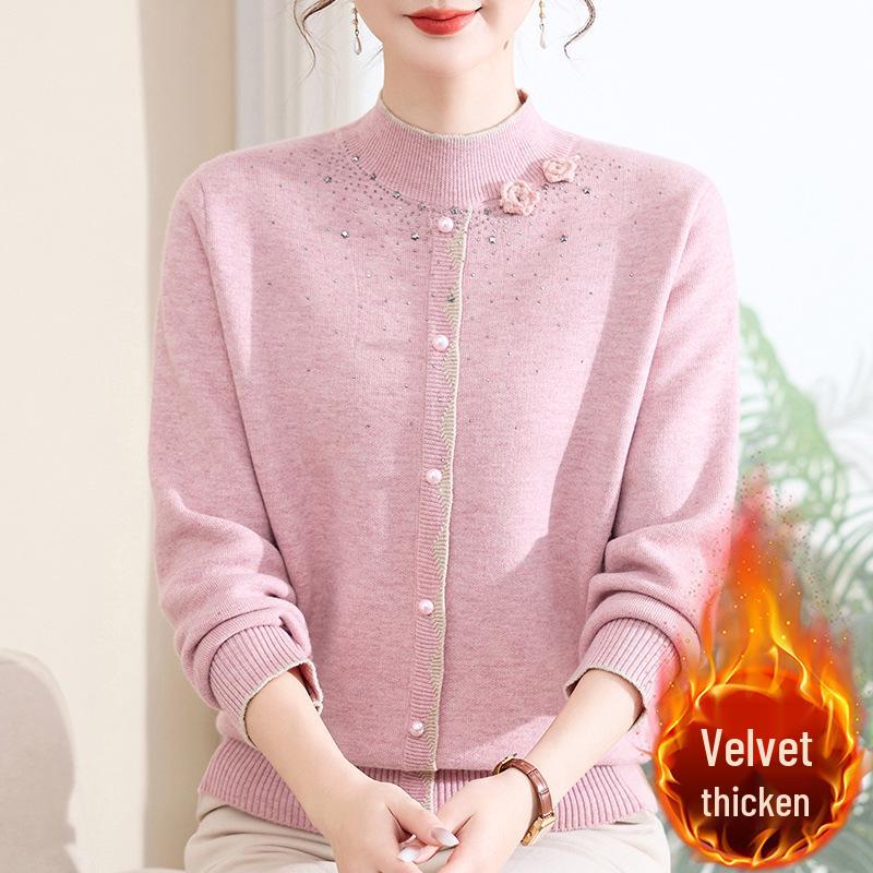 

Elegant Velvet Knit Sweater for Stylish Middle-Aged & Elderly Women - Half-High Collar Autumn/Winter Base Layer 2XL (For 105-120 Jin)