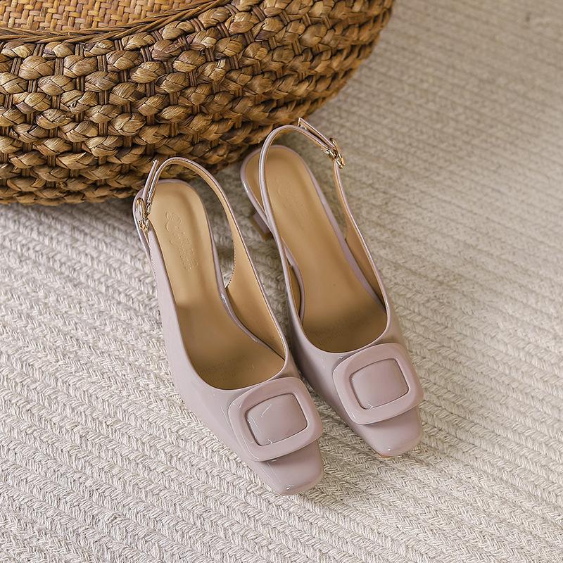 

Fashion Korean Style Fashion Square Head Patent Leather Sandals with Shallow Mouth Square Buckle Women Heeled Sandals Zapatos De Mujer 34