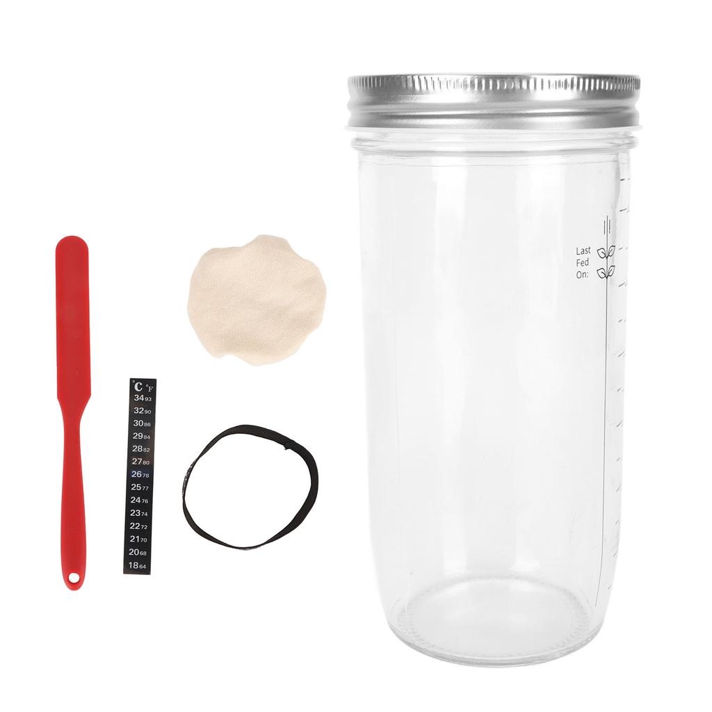 Sourdough Starter Kit 24oz Glass with Spatula Cloth Cover Feeding Line Marker Temperature Marker Sour Dough Starter Jar