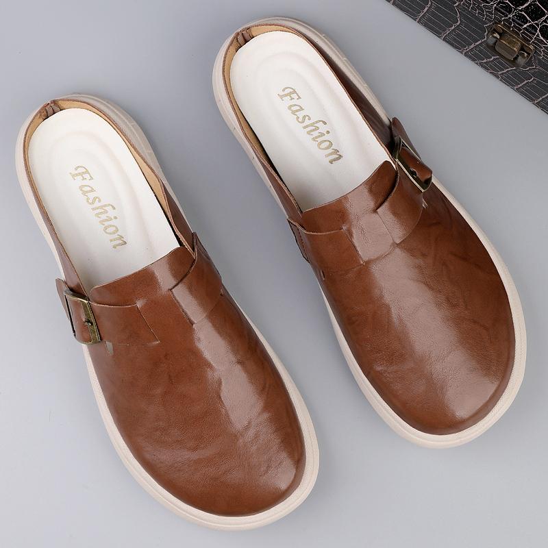 Fashion Casual Leather Men's Summer Muller Shoes Fashion Slippers Beach Shoes Outwear Sandals Stylish Trendy  Anti Slip Male Half Drag