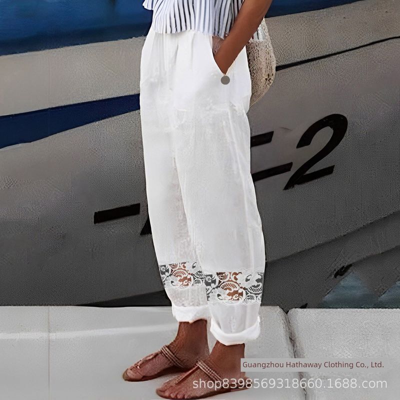 Women clothes European and American Spring and Summer Lace Stitching Button Elastic Waist Women Casual Pants White Hollow Pants Pants
