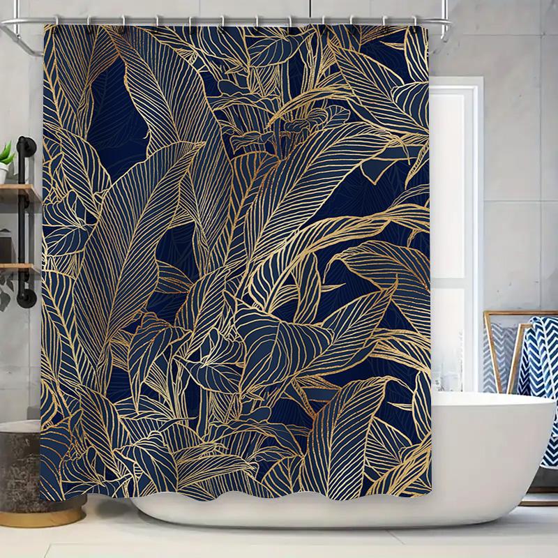 

Luxury Blue Golden Leaf Shower Curtain Exquisite Decorative Bathroom Hanging Curtains For Home Use Waterproof Fabric For Bathroo W60H190(CM)-1 Pcs