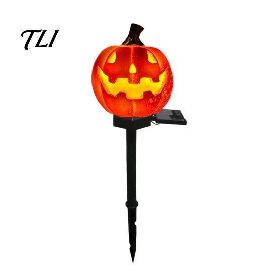 Easy Install Soil Insert Garden Stakes Solar Halloween Pumpkin Light, Waterproof LED Outdoor Resin Ghost Face Yard Lamp with Stake for Pathway