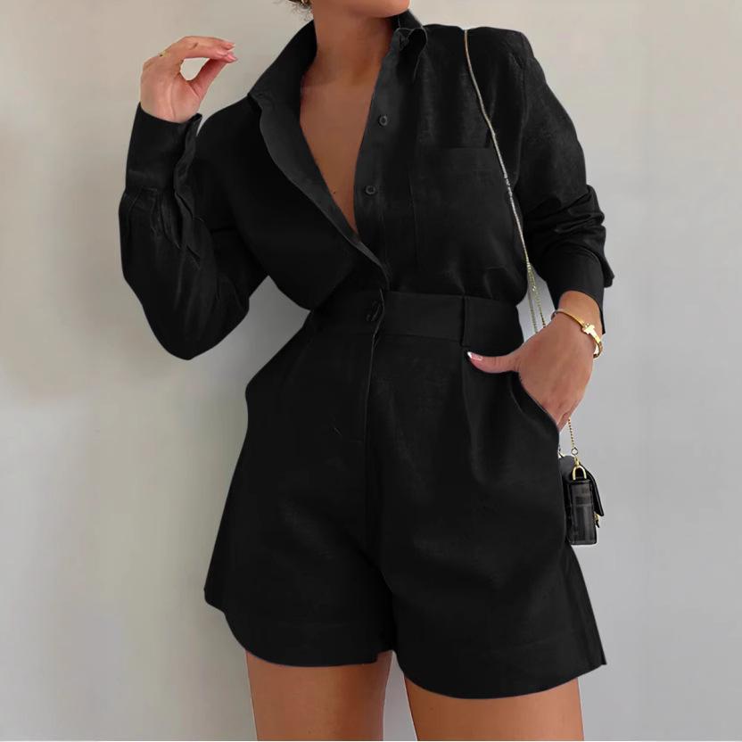 2024 Trendy Women's Casual Suit: Long Sleeve Shirt & Shorts Set