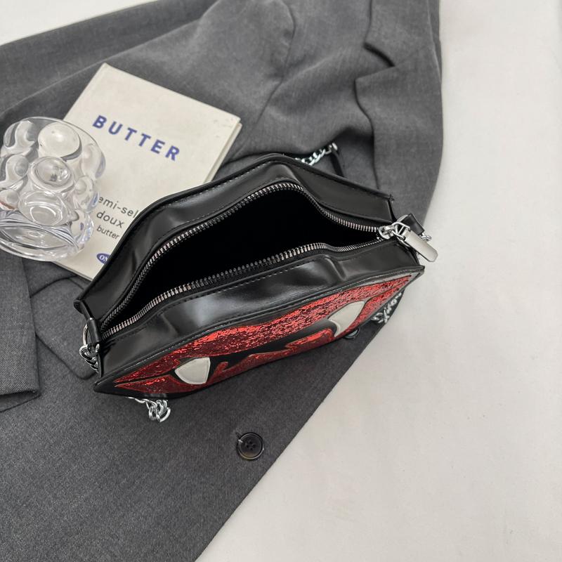 Personality Trendy Women's Shoulder Bag Flame Red Lips Vampire Sequin Decoration Female Messenger Bag For Halloween Party