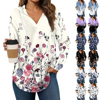 Damenmode Hoodies V-Ausschnitt Langarm Bedruckt Kordelzug Lässige Lose Pullover Tops