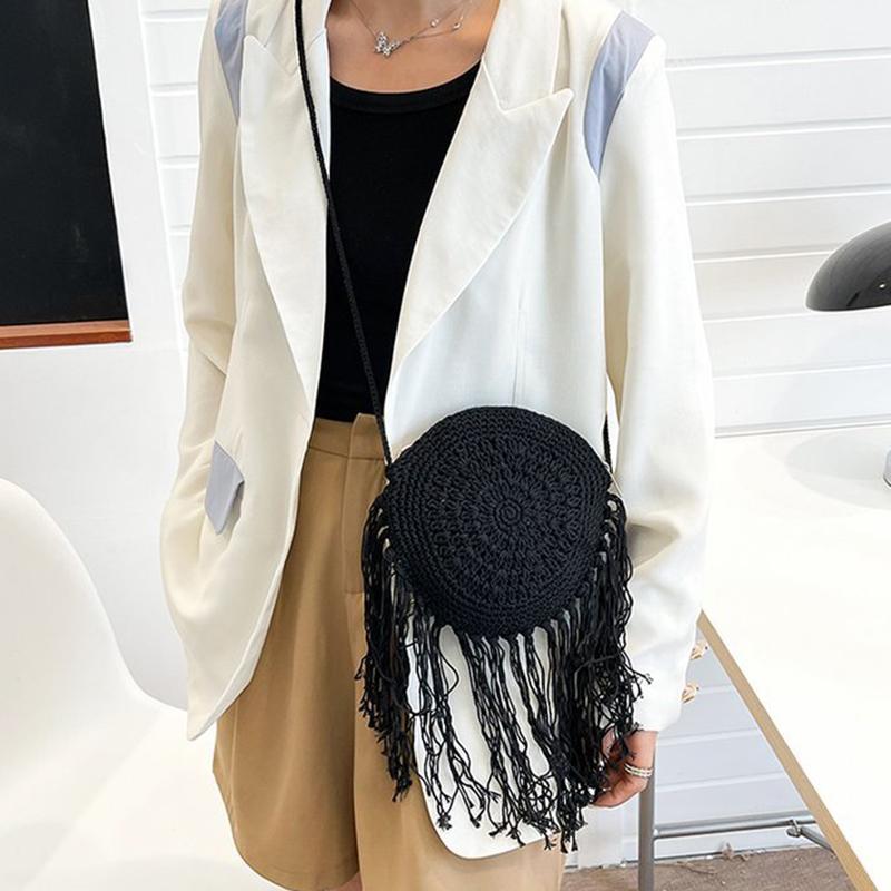 Yogodlns Fashion Round Hand-woven Woman Shoulder Bag Summer Travel Shopping Straw Beach Bags Tassels Female Small Messenger Bag
