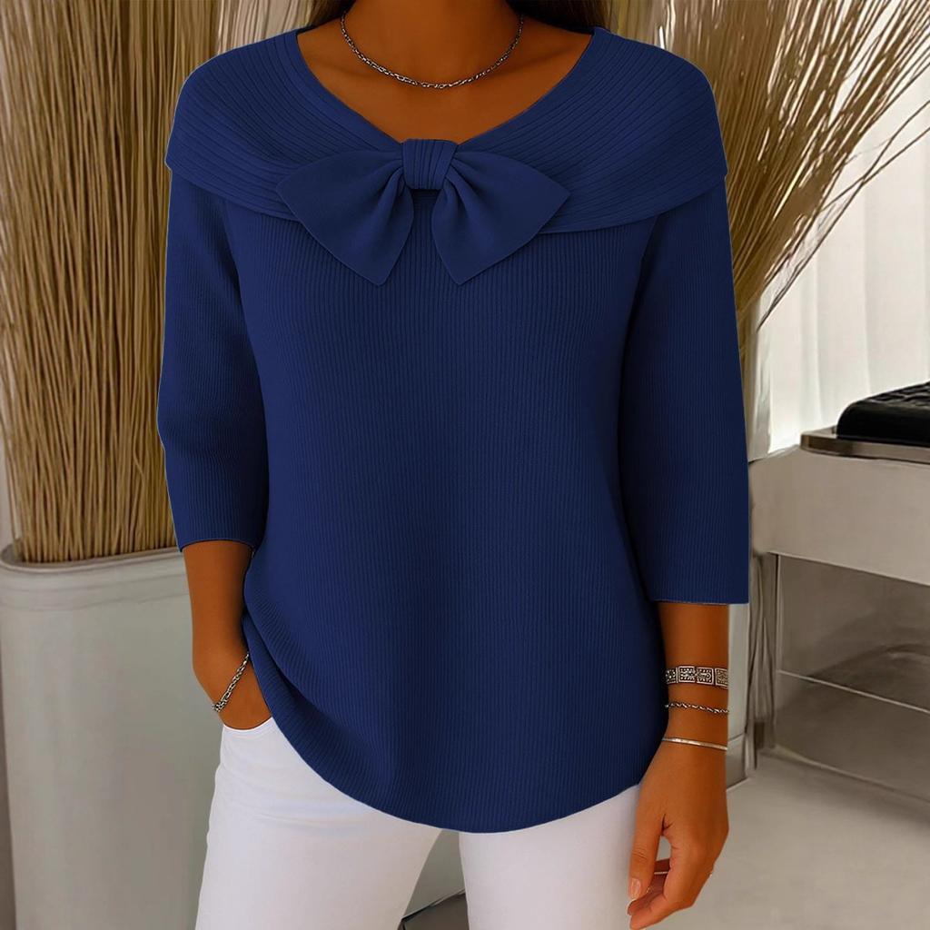 Women's Solid-Color Long-Sleeve Knit Sweater with Bow—Casual, Loose-Fitting, Basic Style