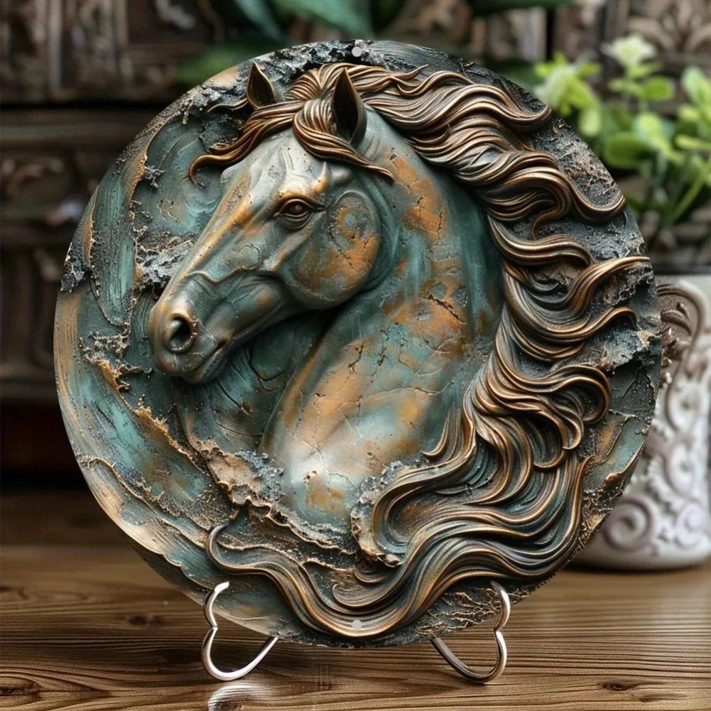 Hisun Tin Sign Vintage D Effect Horse Head Round Tin Sign Retro Rustic Bronze Patina Equine Themed Metal Wall Art Plaque Waterproof Distress