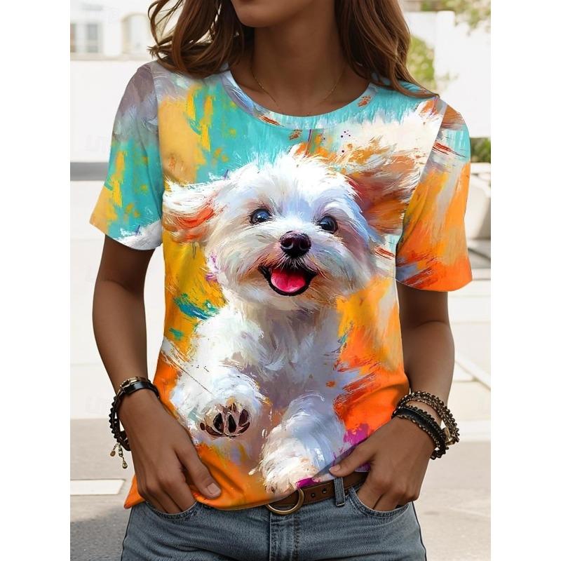 3D Printed Cute Puppy Oil Painting T-shirt Women's Fun Pattern T-shirt Summer Casual Round Neck Top Short Sleeve Loose T-shirt