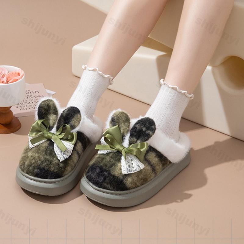 Fashion Women's Platform Cotton Slippers 2025 Autumn Winter New Fashion Bow Knot Lace Warm Home Shoes Non Slip Plush Thicken Slippers