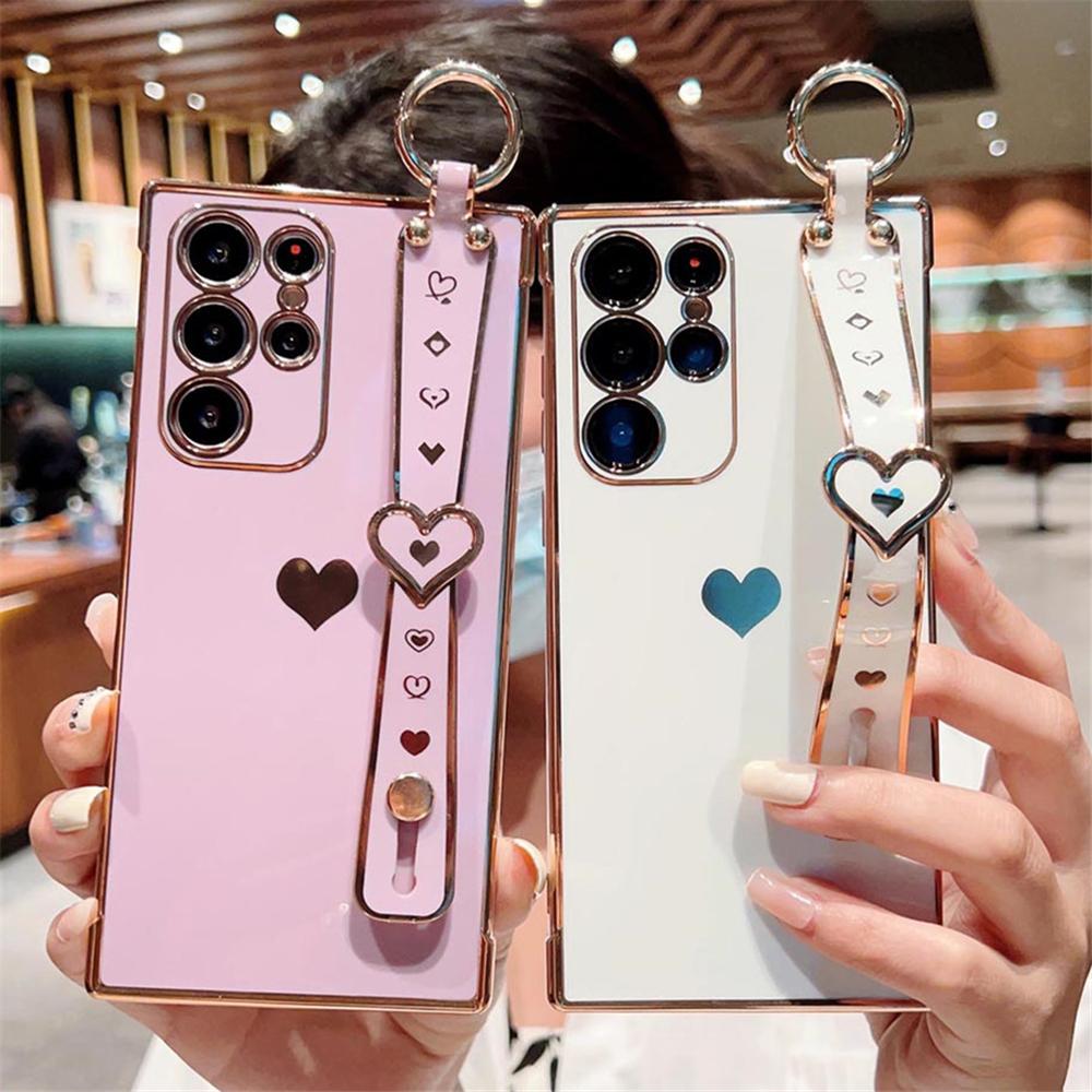 

Роскошный чехол с ремешком на запястье с покрытием Love Heart для Samsung Galaxy S23 S22 Ultra S21 Plus S20FE A53 A33 A23 A13, чехол для браслета