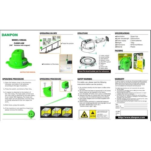 Danpon Green Laser Level, Floor Line, Single High-Brightness Green Line with Magnet, 360 Rotation, Interior Construction, Compact, VH-66G