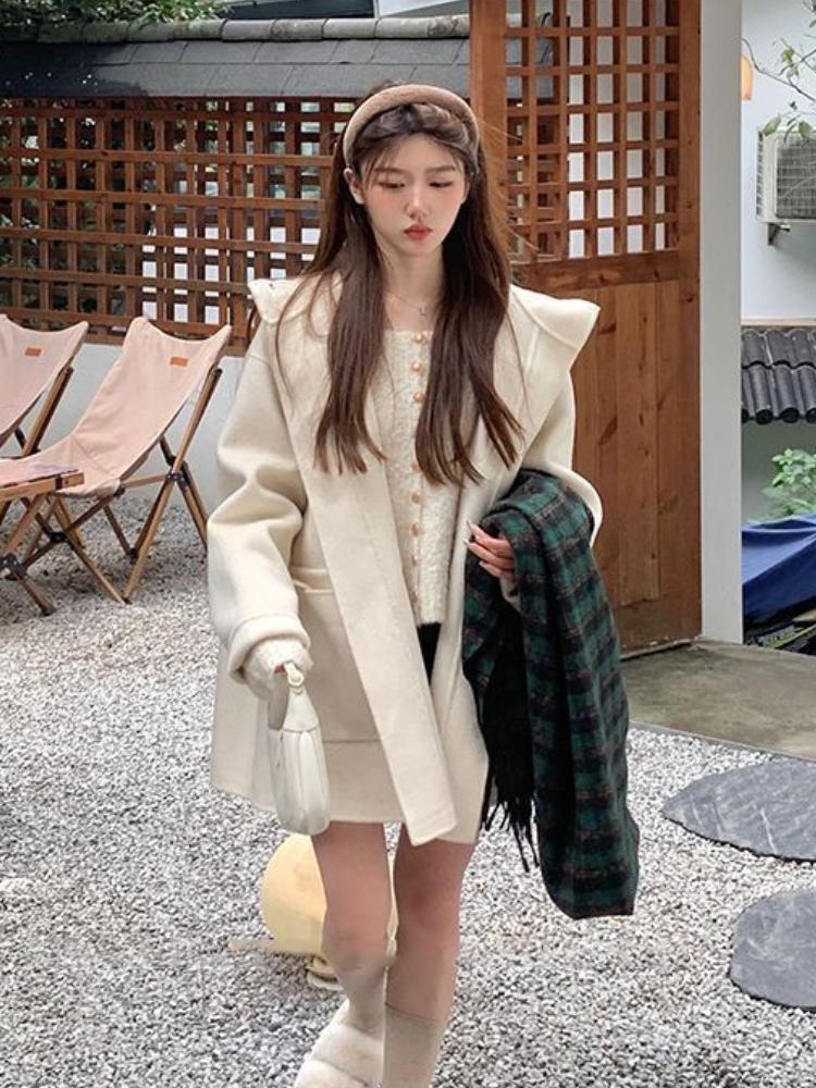 Herbst Winter Lose Elegante Wollmantel Frauen Französisch Horn Schnalle Retro Wollmantel Neue Koreanische Mode-Design Casual Kleidung