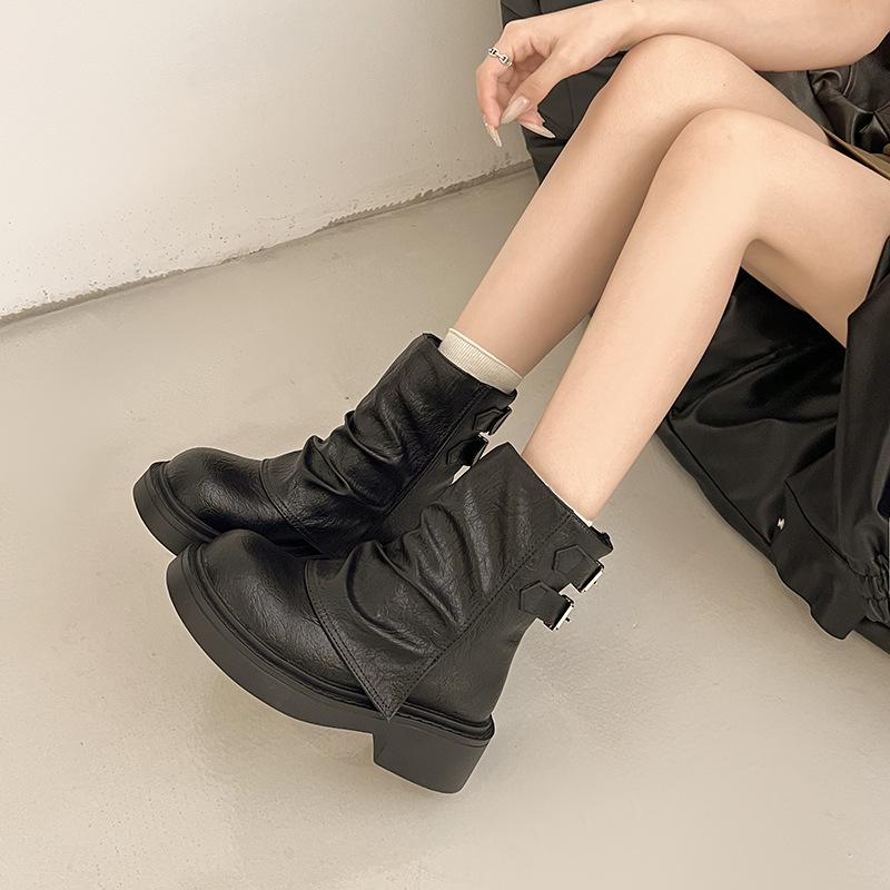 2025 new pleated stacked boots, trouser boots, soft leather thick-soled Martin boots, versatile brown short boots for women