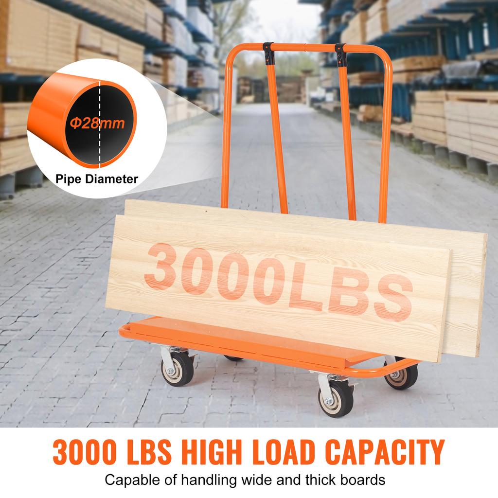 SucceBuy 3000LBS Panel Dolly Drywall Sheet Cart with Deck & 5" Swivel Wheels Handling Wall Sheetrock Lumber for Garage Warehouse