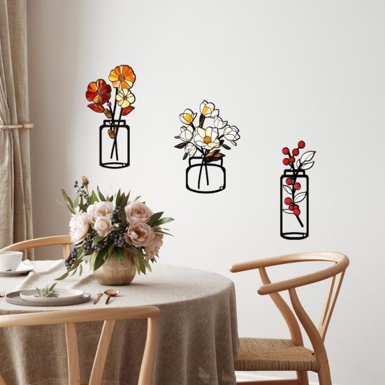 3 Stück/Set Metall Blumenvase Wandskulptur 3D Hohl Eisendraht Pflanzenvase Wandornament Zuhause Büro Wohnzimmer Badezimmer Küche Wandkunst Schild