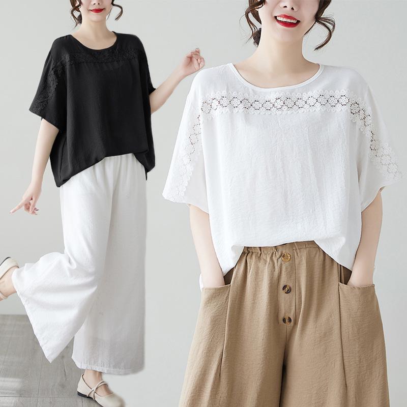 Chic Crochet Lace Patchwork Loose Plus Size T-shirt for Women Plus Size