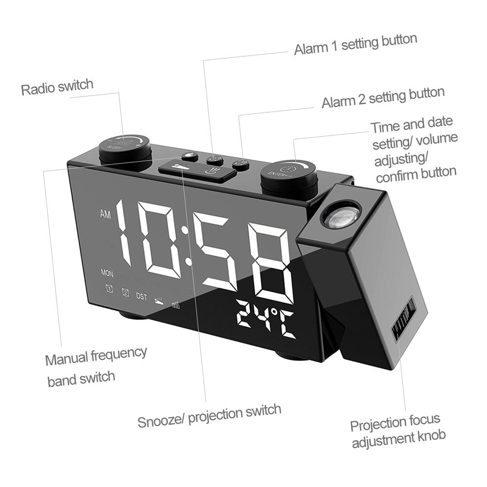 6 Inch Digital FM Projection Radio Alarm Clock 4 Brightness Adjustment 3 Time Displays Dual Alarm