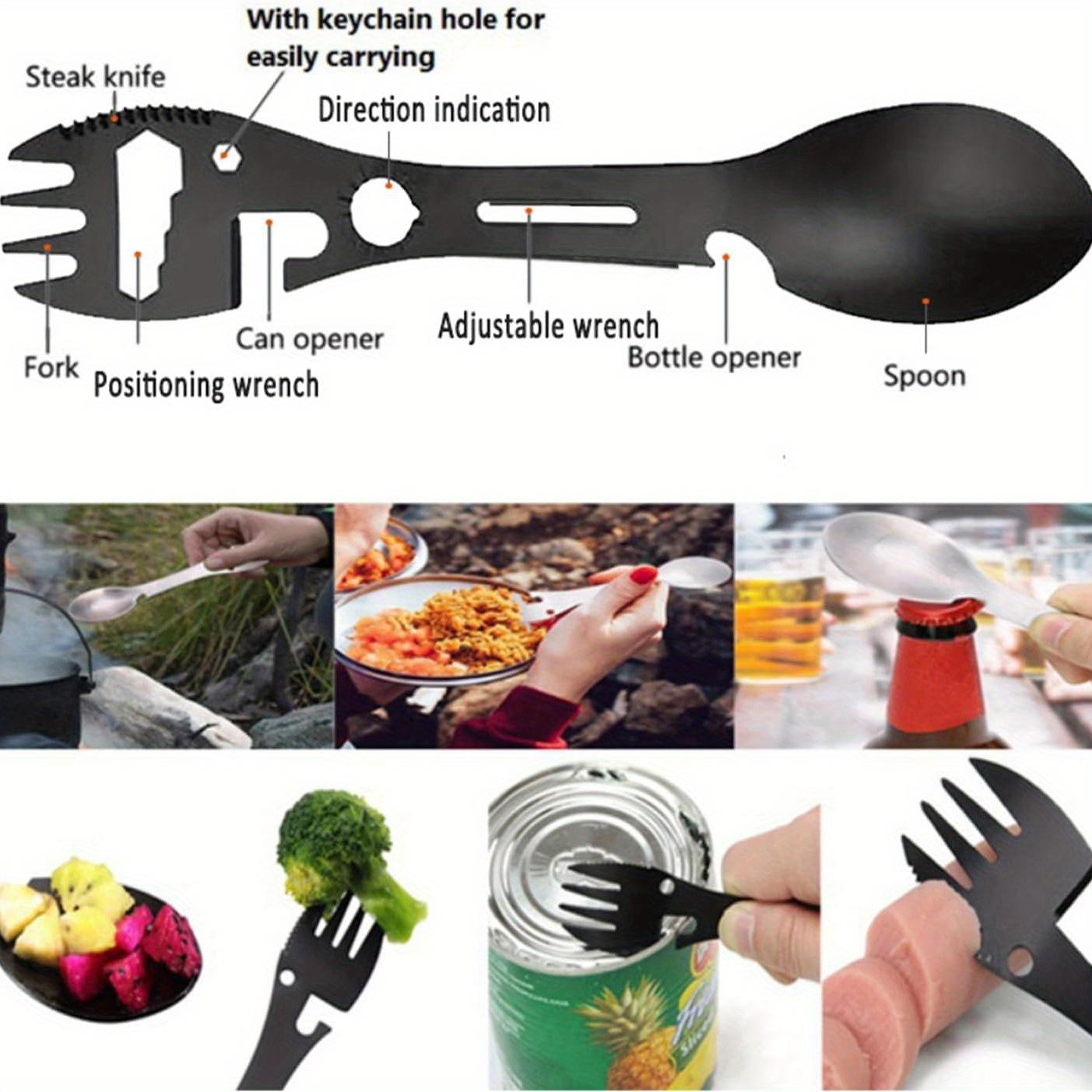 

Qishing Outdoor Fork Spoon/10-in-1 Utility Spork/Stainless Steel Spoon & Bottle Opener, Fork & Knife/Camping Utensil for Hiking black