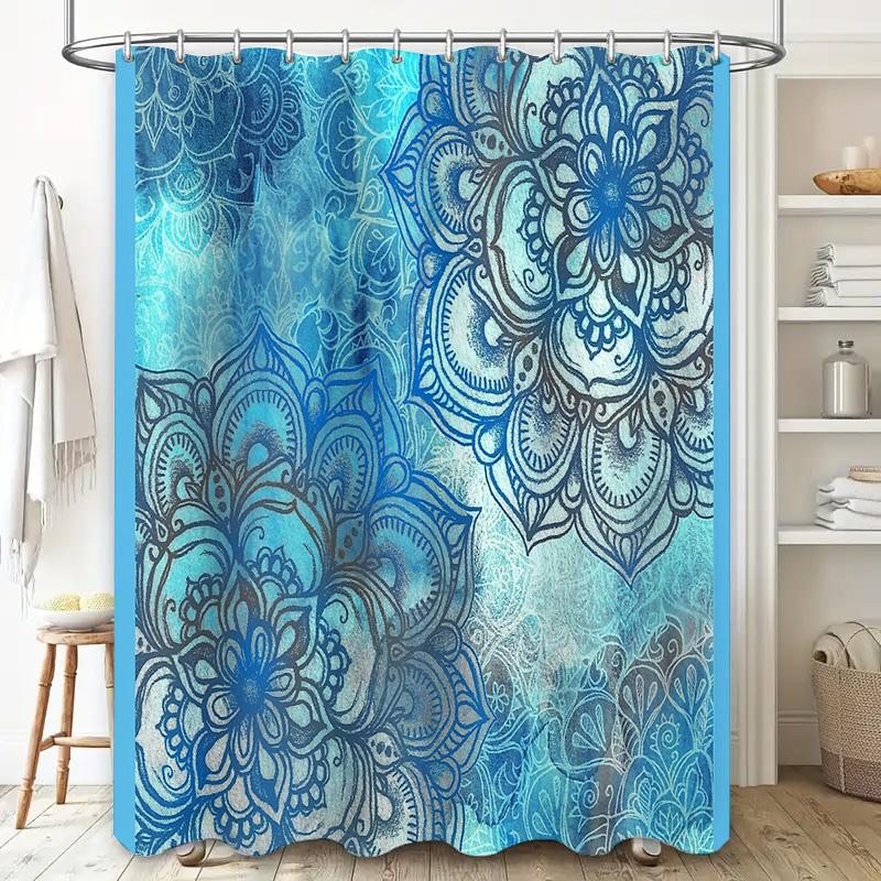 Floral Shower Curtain Blue Botanical Pattern Waterproof Fabric Bathroom Decor Vintage Style Teal Home Textile Artistic Design
