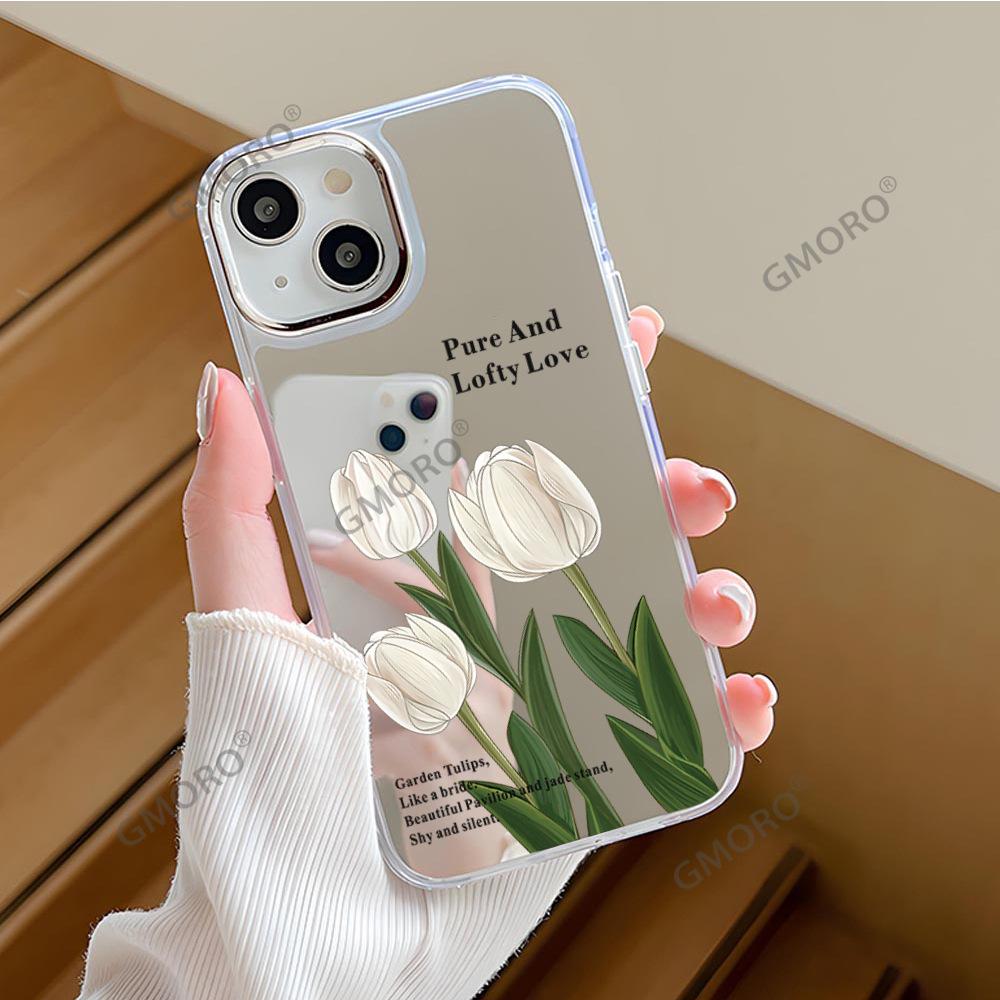 Foreign Trade Hot-selling Tulip Flower Apple 17 with Mirror Mobile Phone Case Iphone16 Mirror Mobile Phone Case 15 Girls