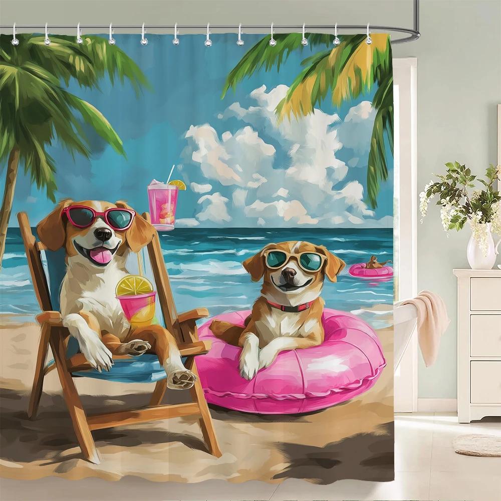 

Funny Cat and Dog Shower Curtain Animal Beach Printed Bathroom Bath Curtain Home Decor With Hooks W90xH180cm