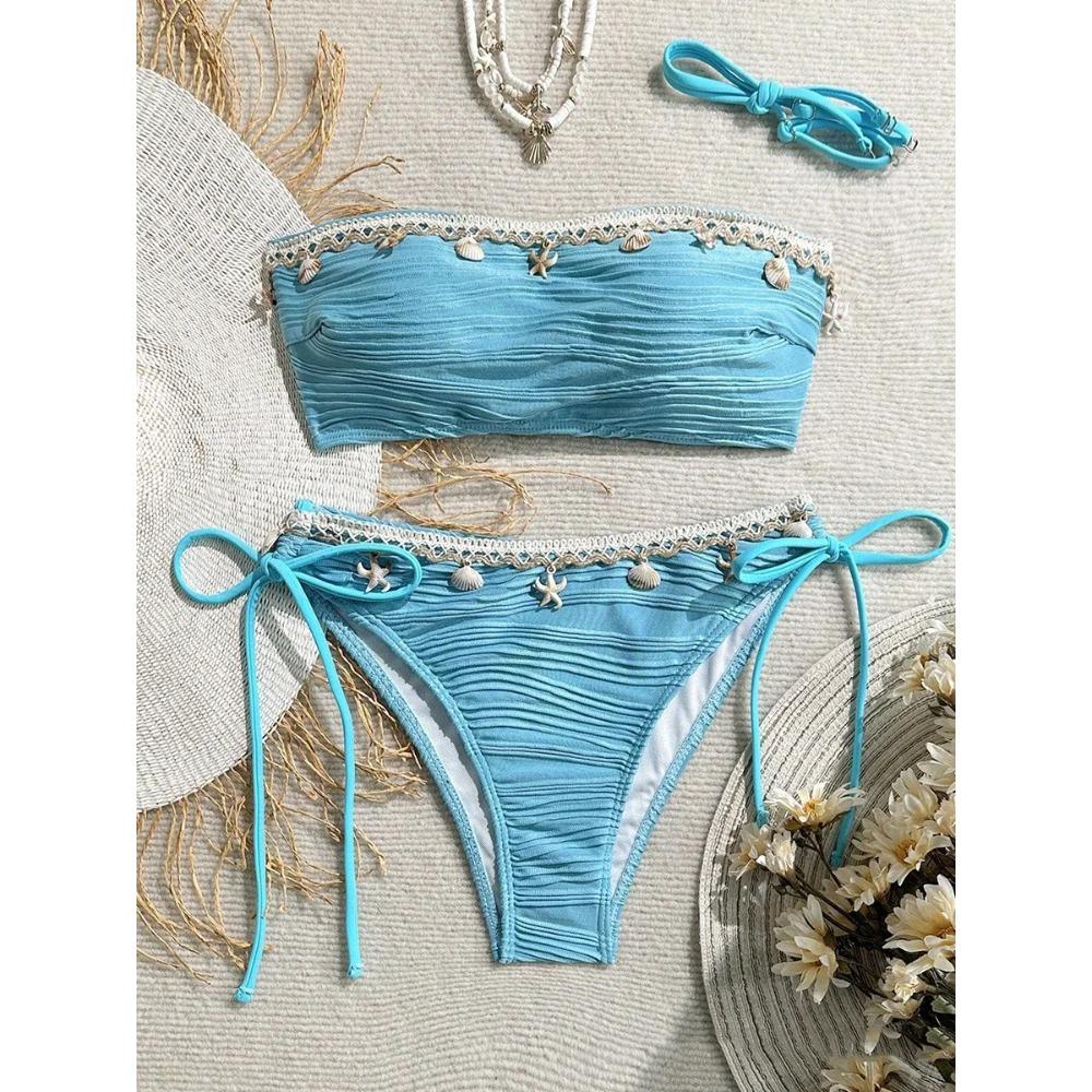 XS - XL Bandeau Wrinkled High Cut Bikini Women Swimwear Female Swimsuit Two-pieces Bikini Set Shell Bather Bathing Suit Swim