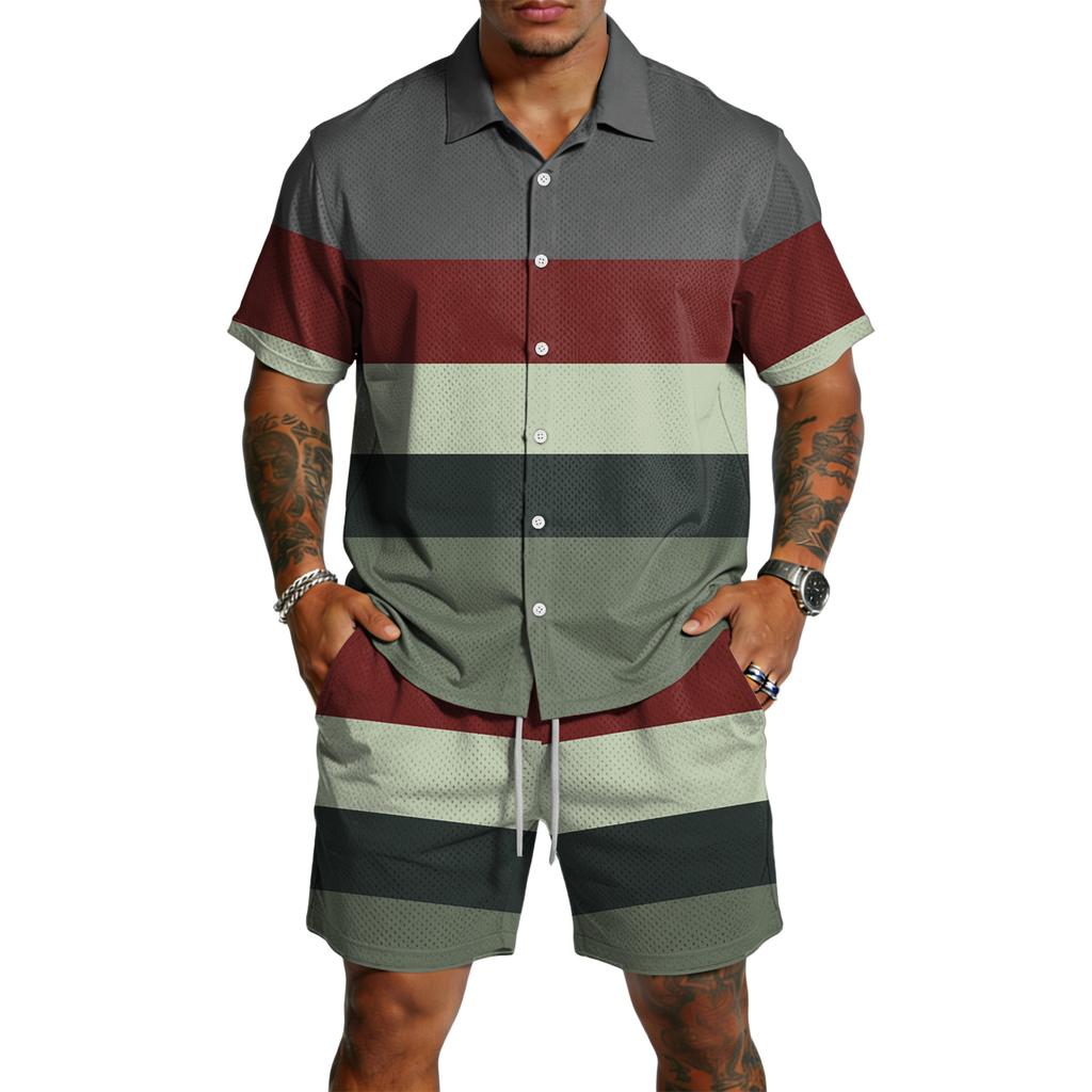 Herren Kurzarm Hemd mit Knöpfen und Shorts Set Lässiges Gestreiftes Zweiteiliges Outfit Entspannte Passform Sommerkleidung für Herren