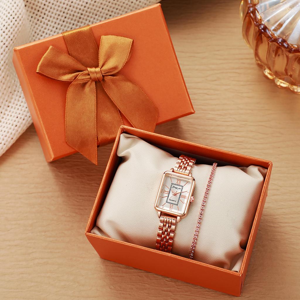 No Gift Box New Style Steel Strap Women's Square Ins Style Niche Korean Version Student Quartz Watch   Bracelet 2-piece Set