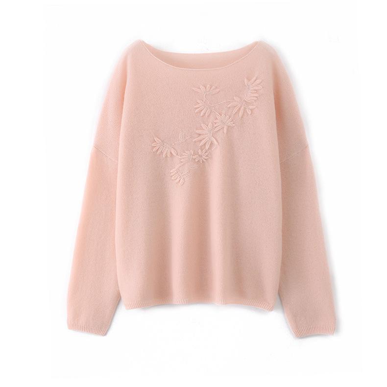 Damen 100% Wolle Handbestickter Lockerer Rundhals-Oversize-Pullover-Top für den Winter