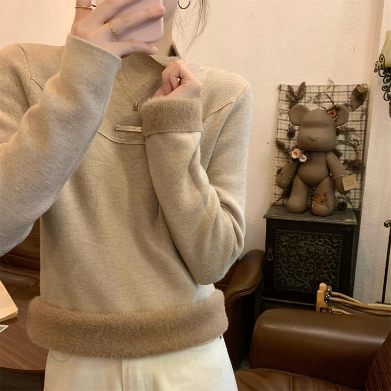 

Женский зимний флисовый свитер с полувысоким воротом, утолщенный базовый слой, новый универсальный вязаный топ One size [recommended 80-60kg]